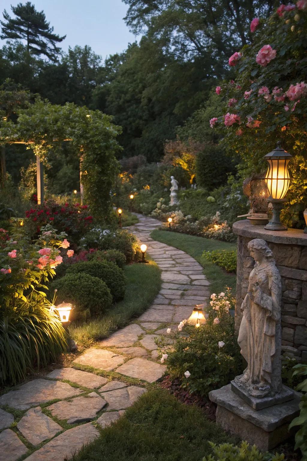 Subtle lighting enhances the garden's beauty and ambiance at night.