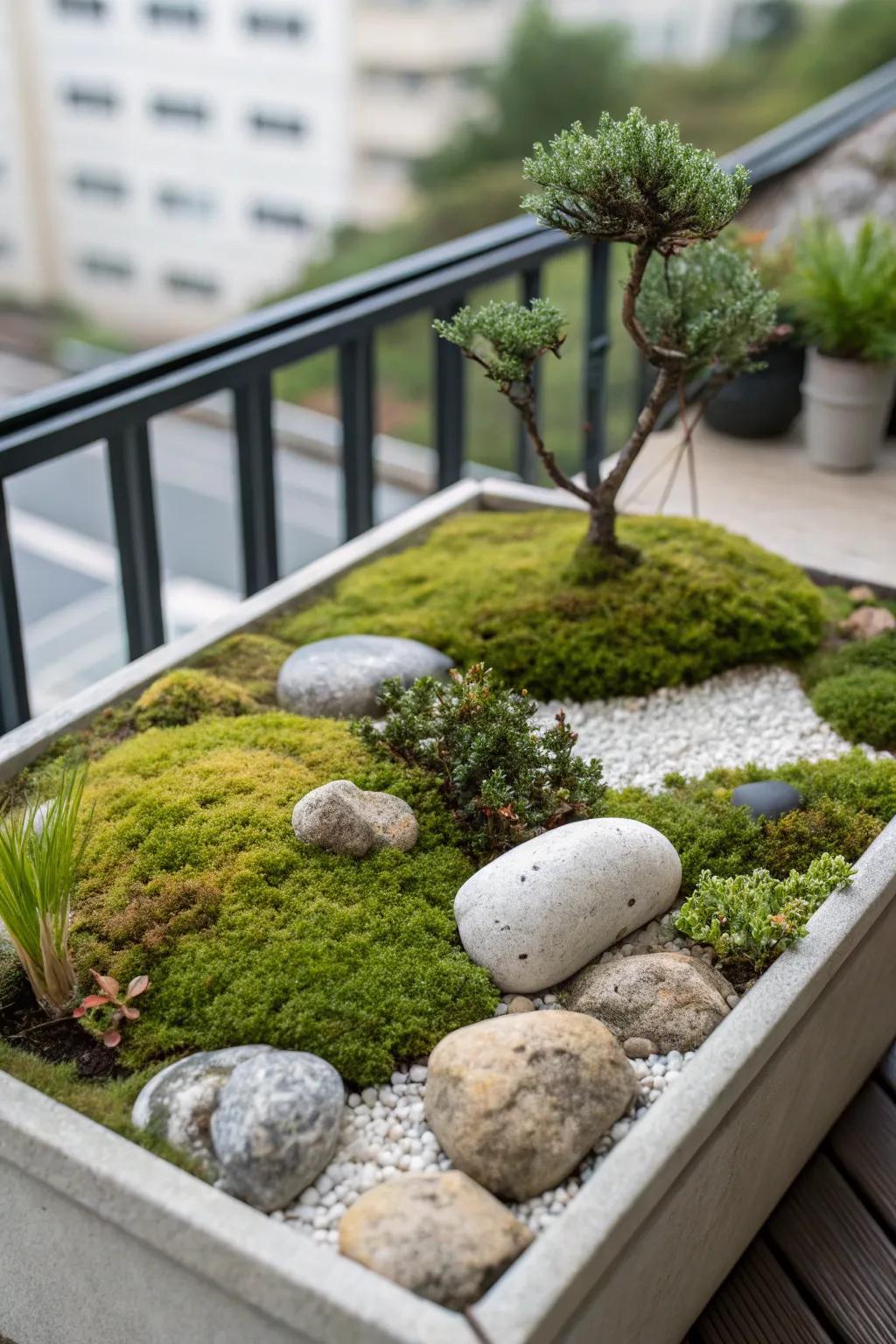 A miniature garden provides tranquility in small spaces.