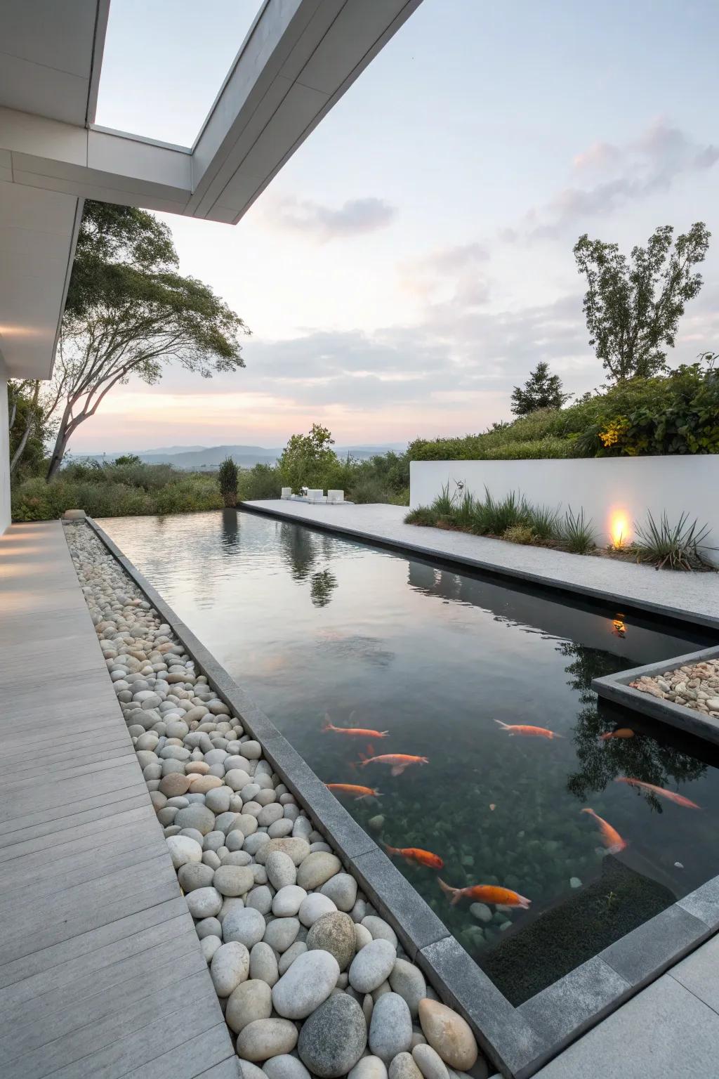 A minimalist design emphasizing simplicity and elegance in a koi pond.