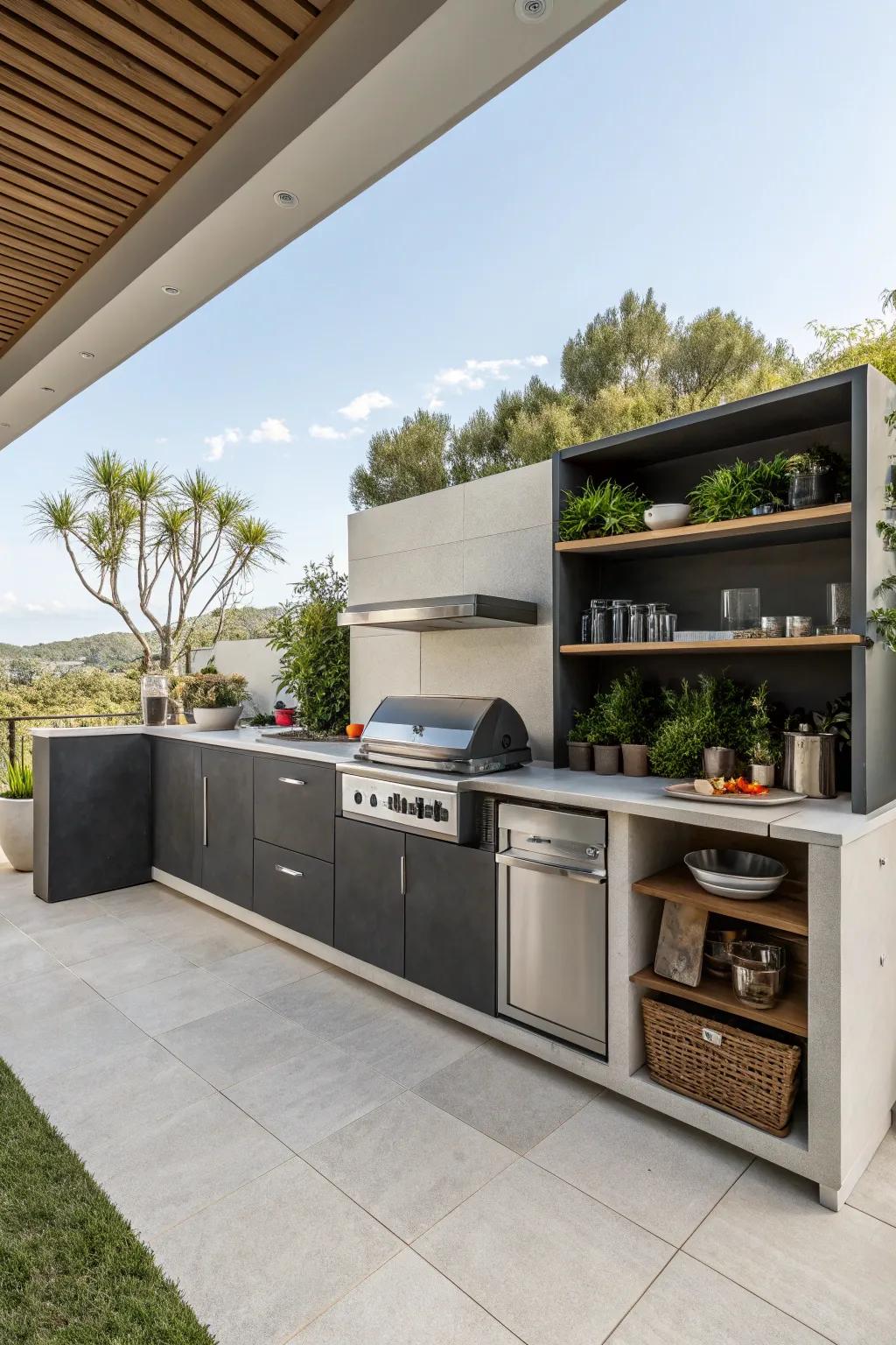 Smart use of corner space in an outdoor kitchen with shelving.
