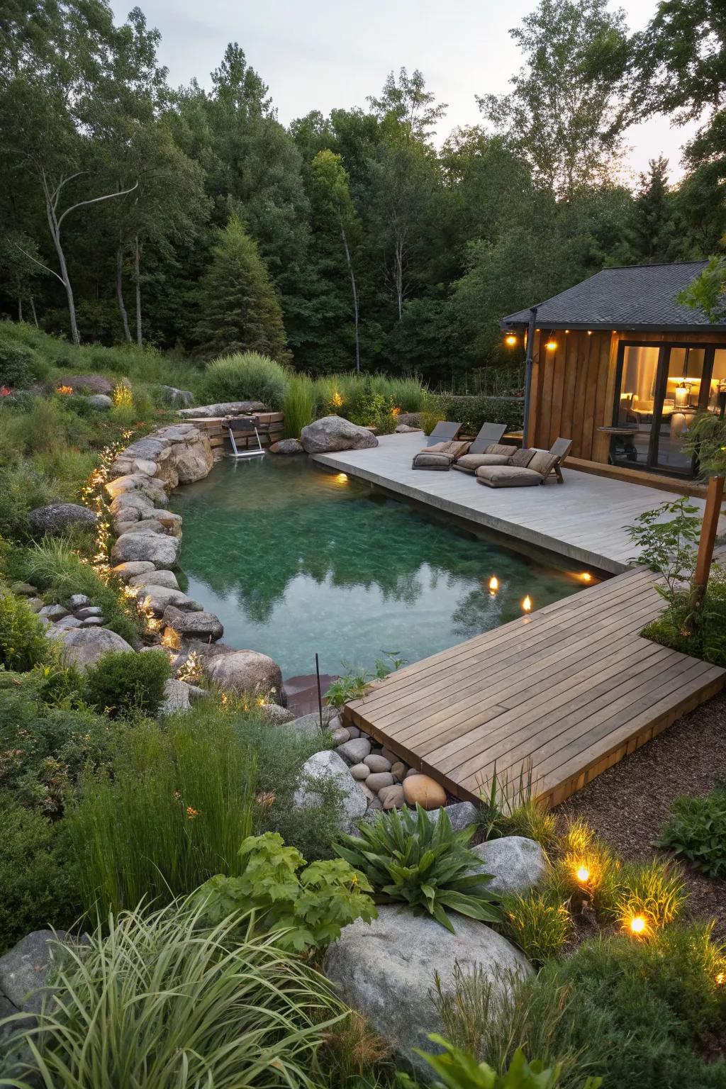Create a sustainable oasis with a natural swimming pool that complements the lake.