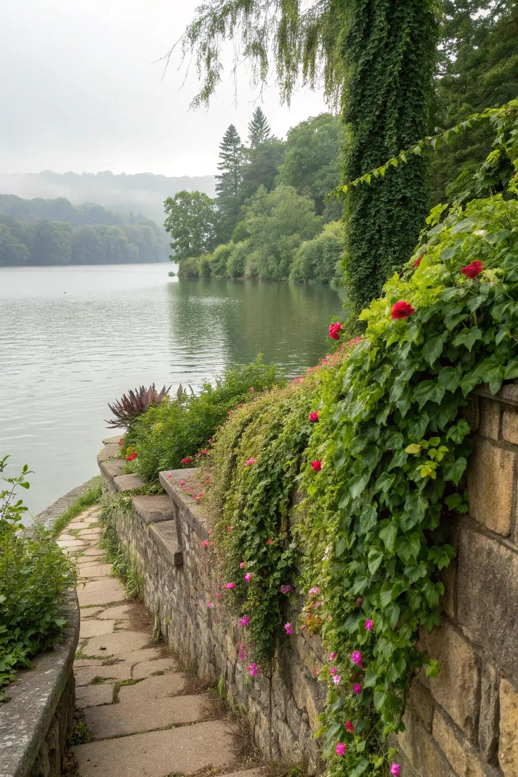 A secret garden vibe with lush plantings cascading over the retaining wall.