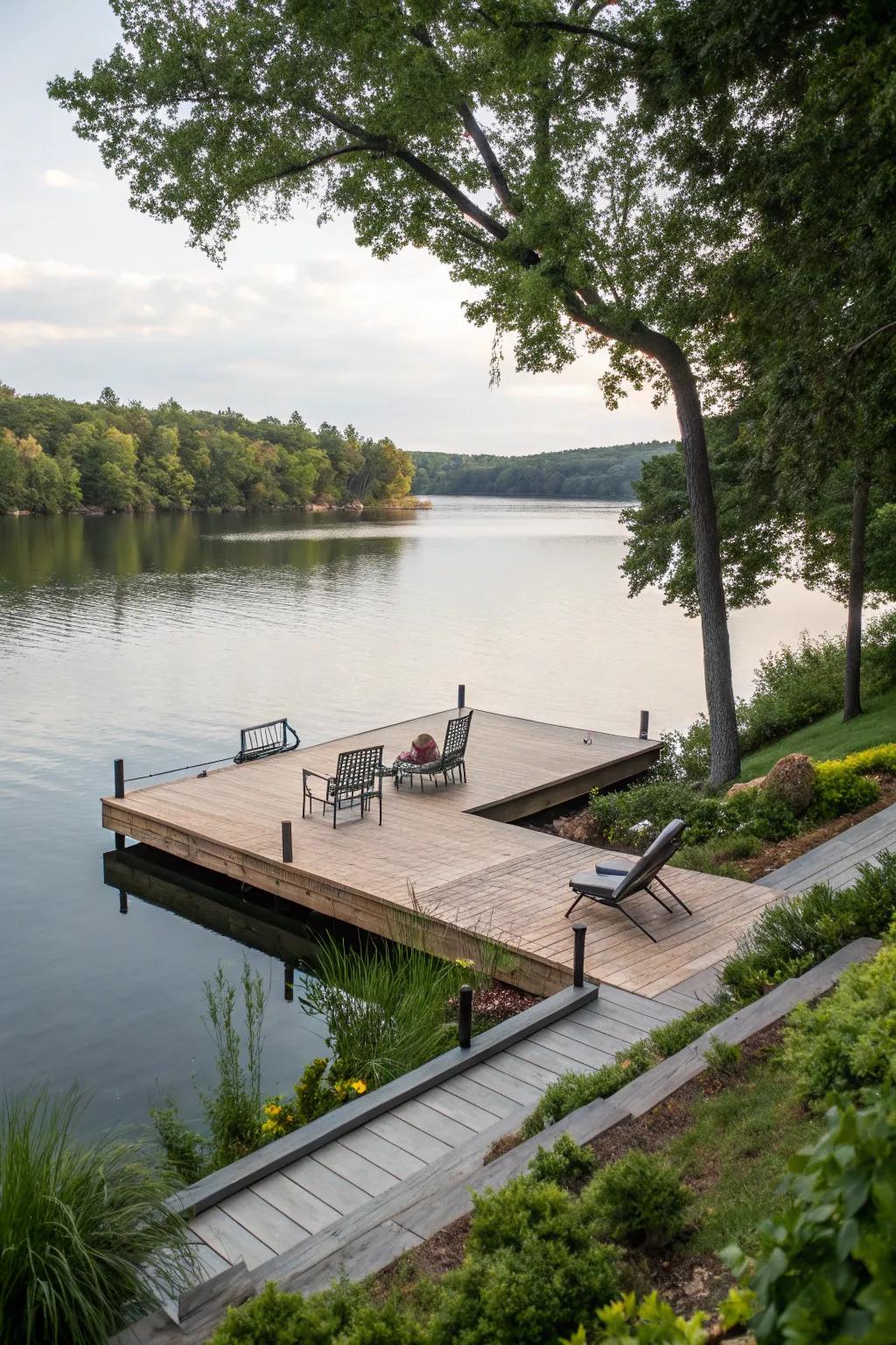 A floating dock providing easy access and a closer connection to the lake.