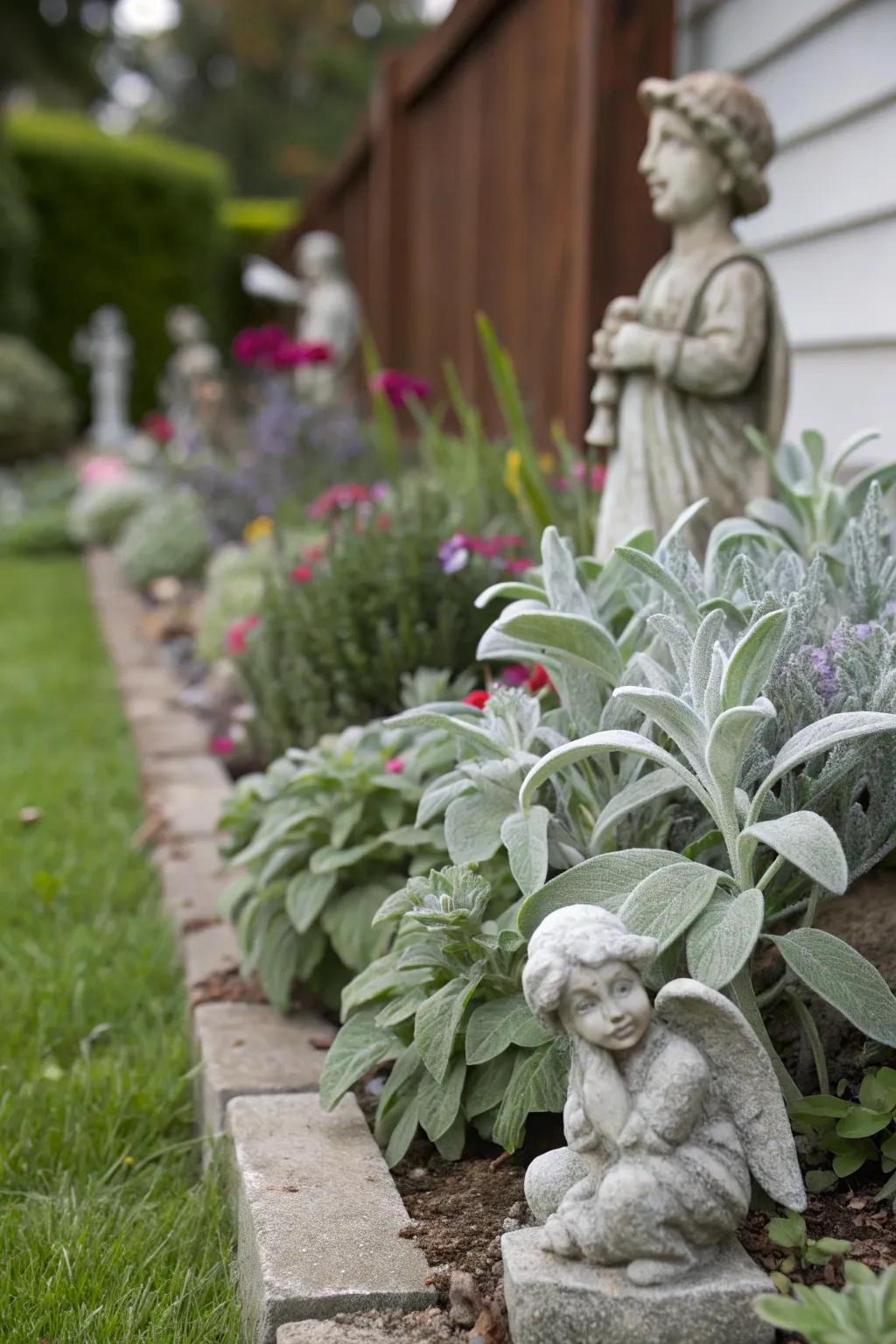 An artistic blend of lamb's ear and statues in a garden border.