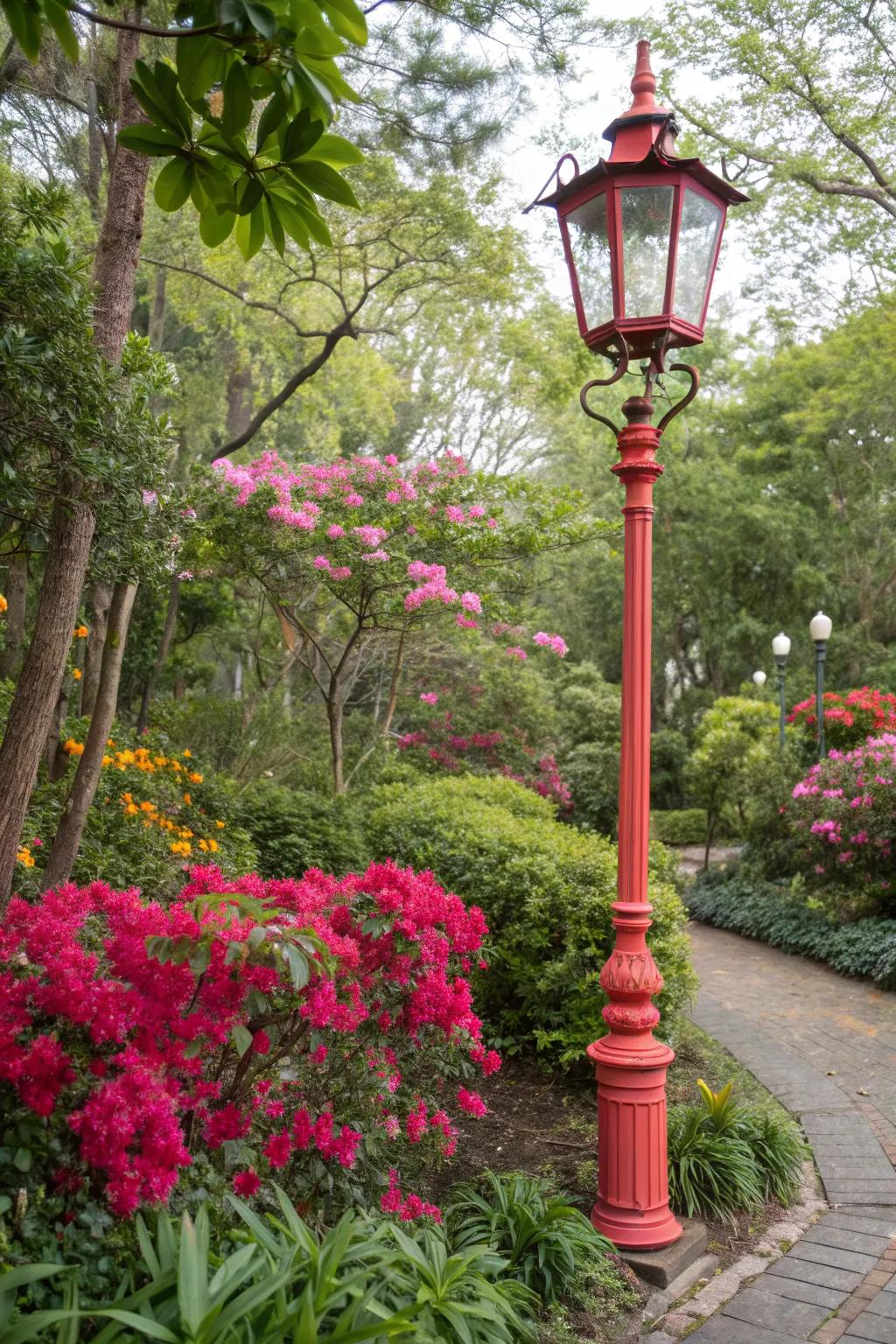 Colorful lamp posts can transform your garden with vibrancy.