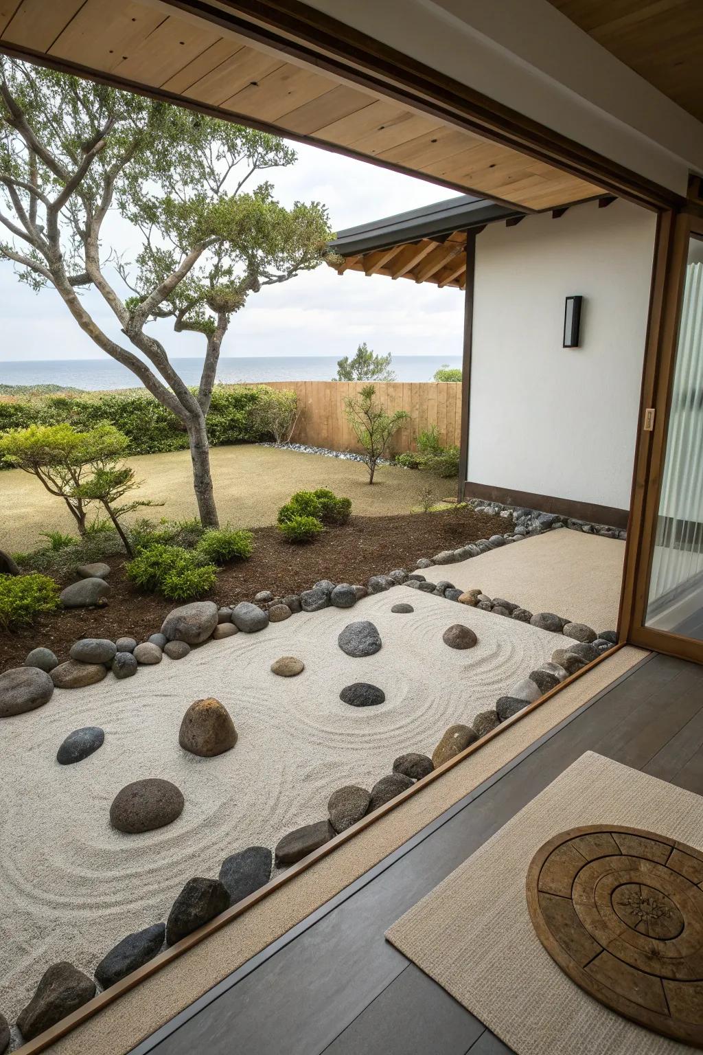 A tranquil Zen garden corner on a lanai for meditation and relaxation.