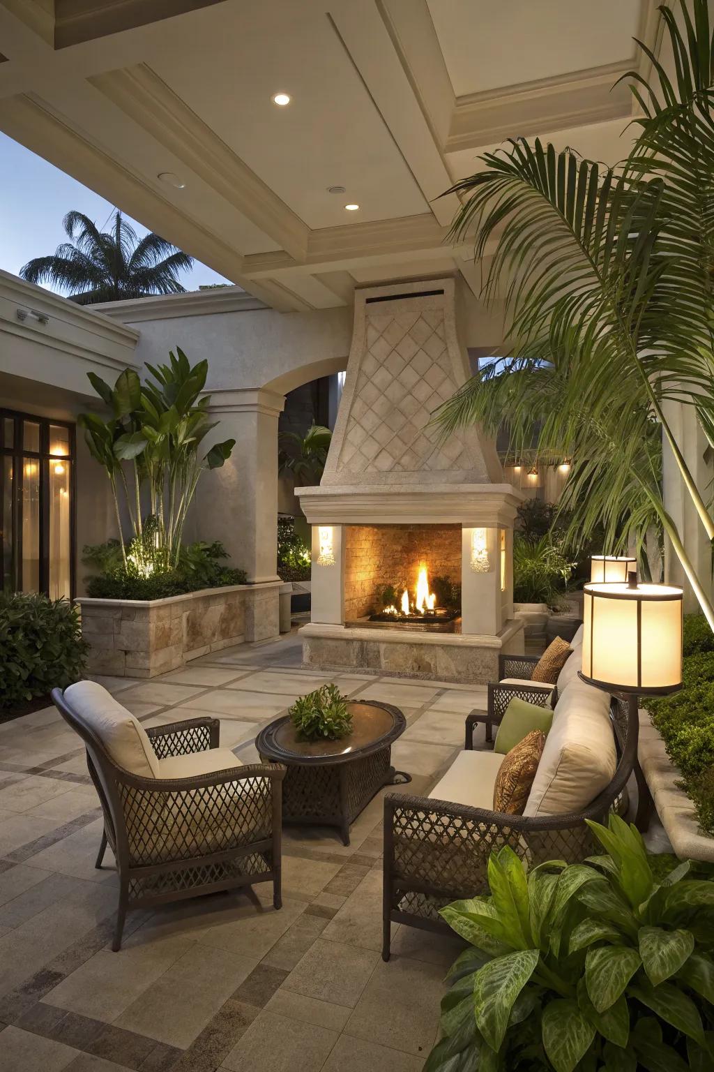A fireplace serves as the centerpiece of this inviting lanai.