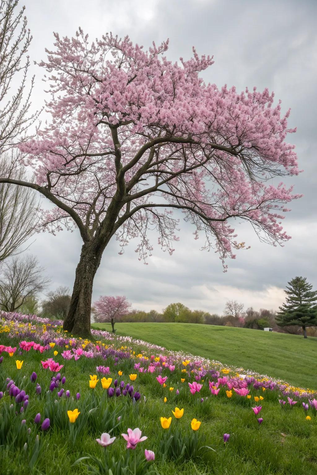 Spring bulbs flourishing around a tree, adding seasonal charm.