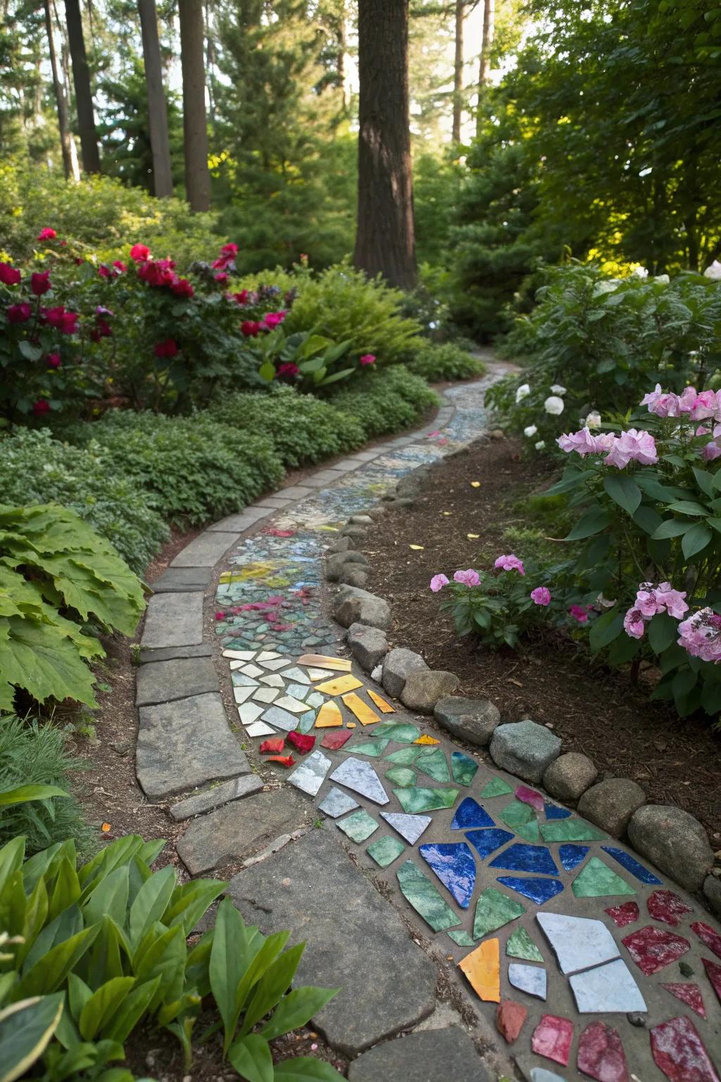Glass-lined paths transform garden trails into vibrant walkways.