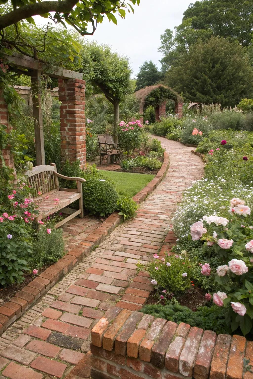 Reclaimed bricks add a vintage touch to garden edges.