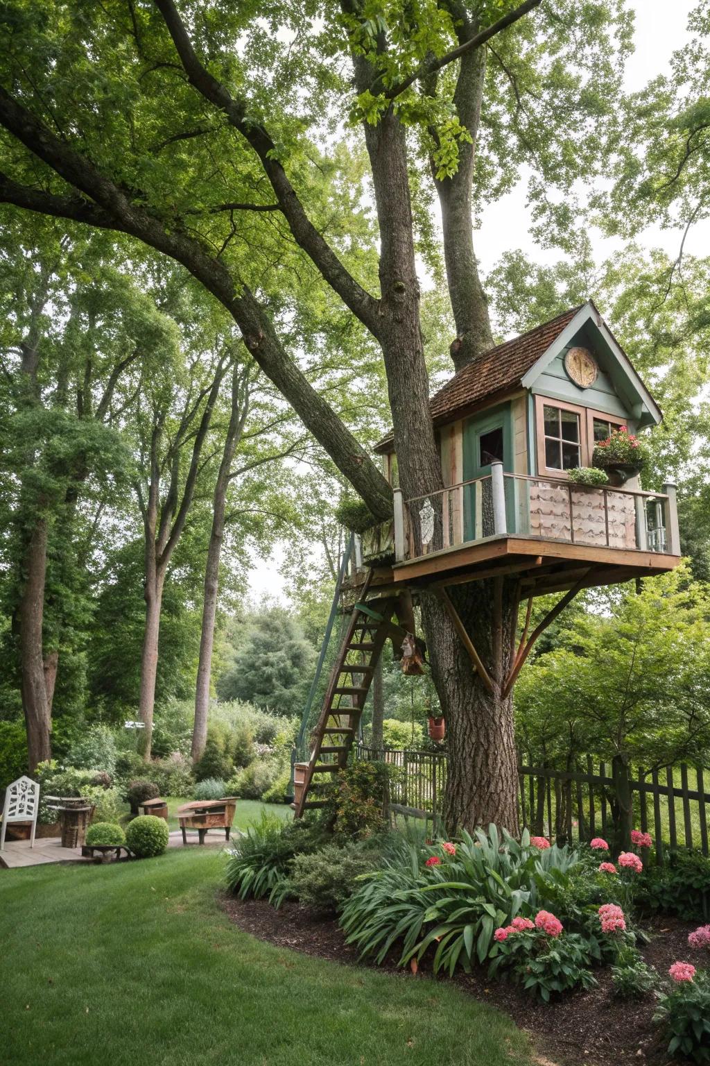 A treehouse adds a whimsical touch to your garden.