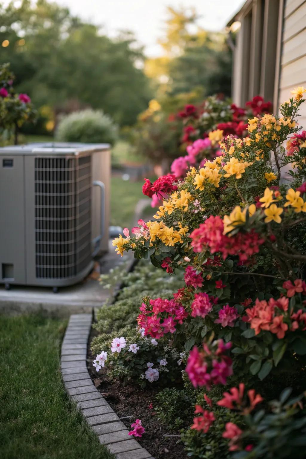 Flowering shrubs providing a vibrant splash of color around an AC unit.