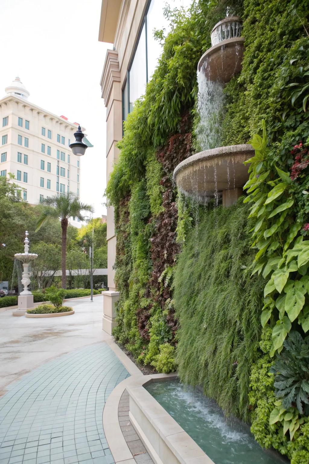 A striking vertical garden complementing a nearby fountain.
