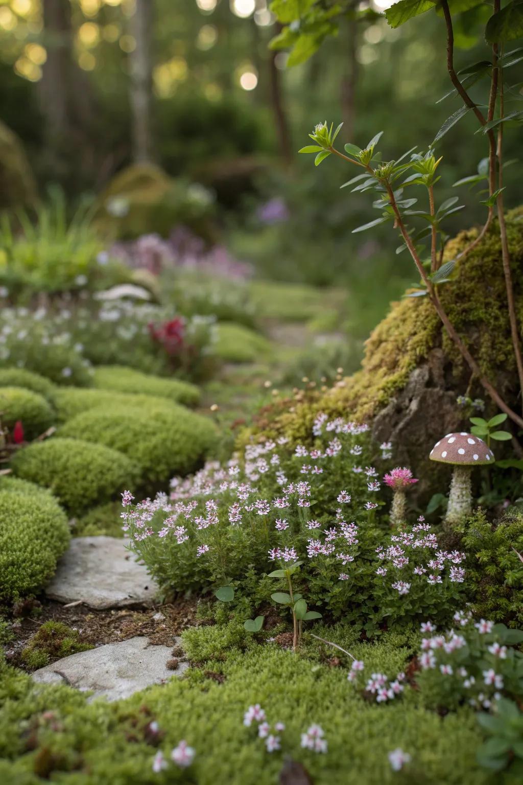 Miniature plants create a lush and inviting ground cover.