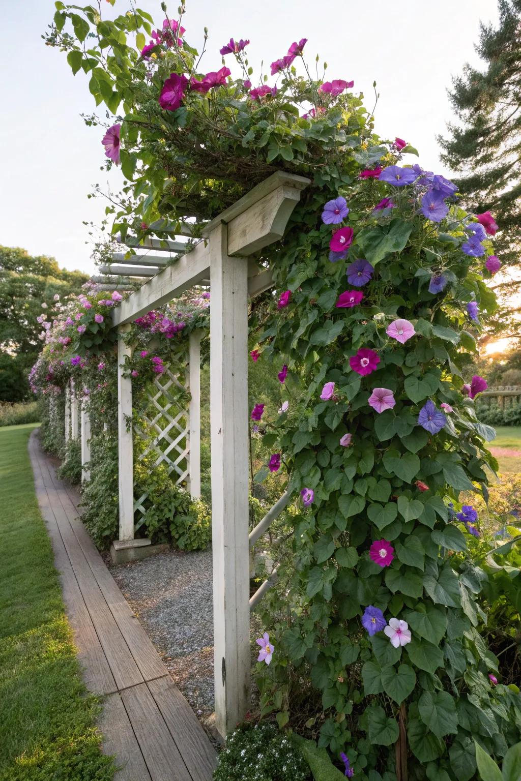 Trellises with climbing plants provide privacy and visual interest.