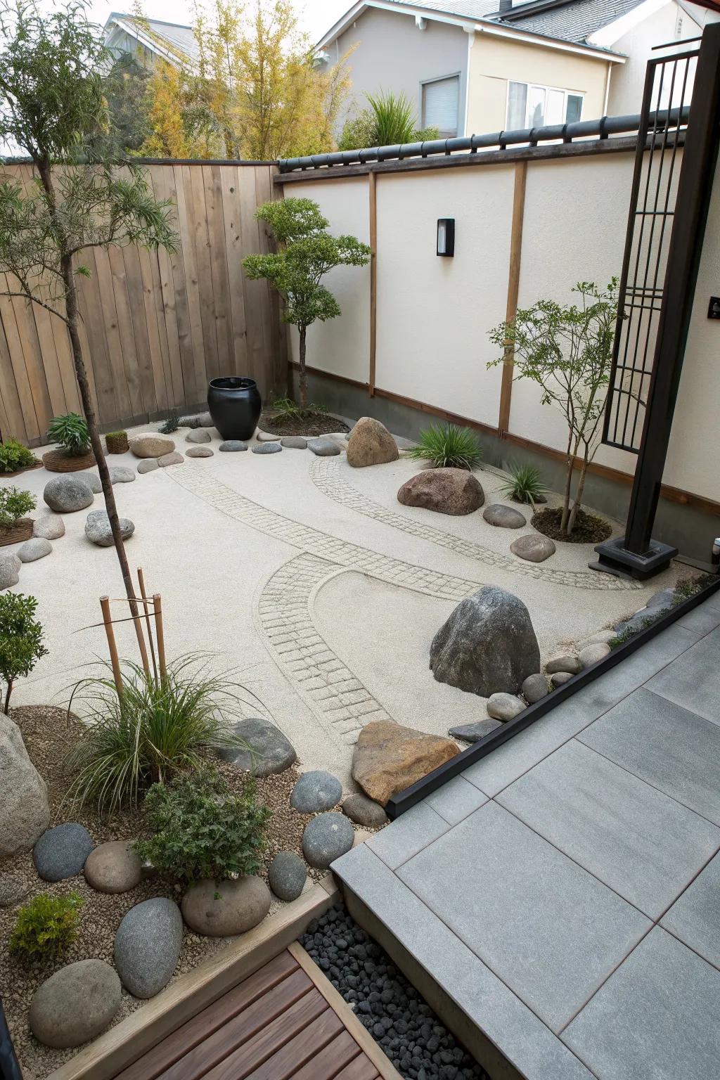 A Zen garden corner offers tranquility on the patio.