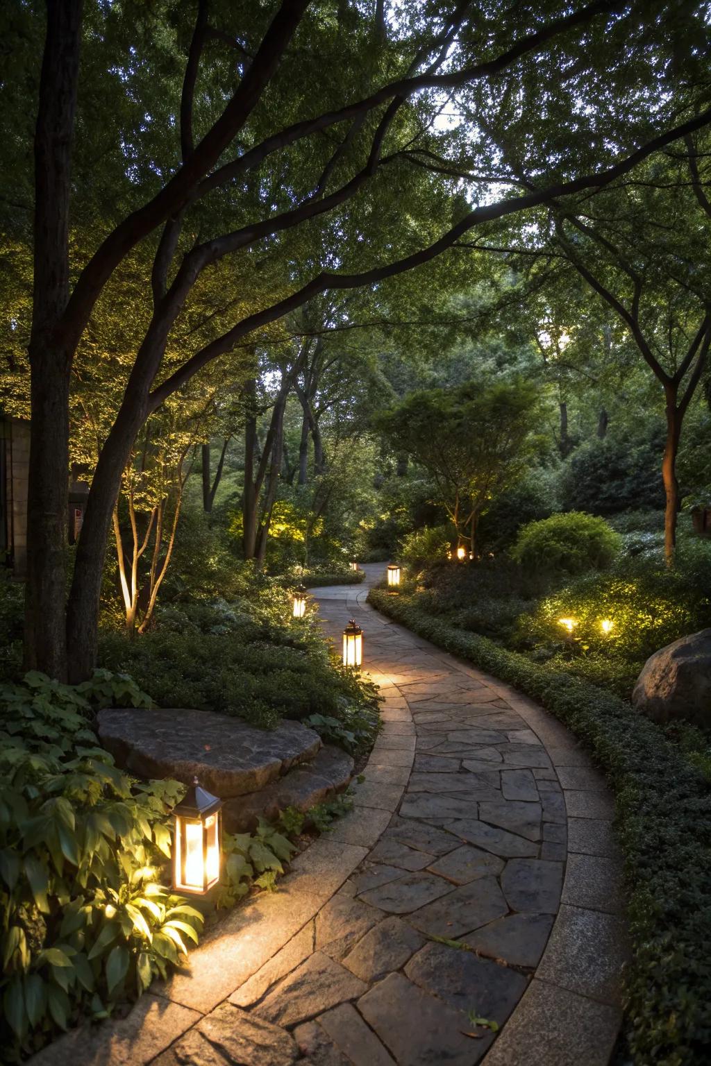 Pathway lighting enhances the magical ambiance of shaded gardens.