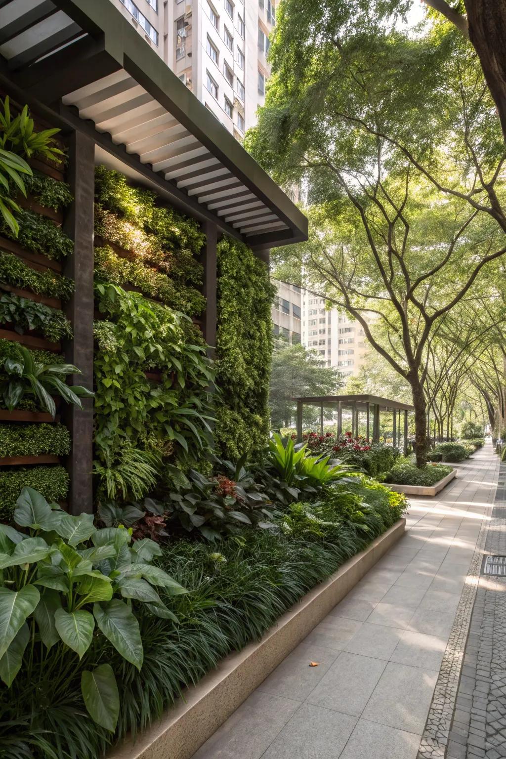 Vertical gardens add greenery and maximize space.
