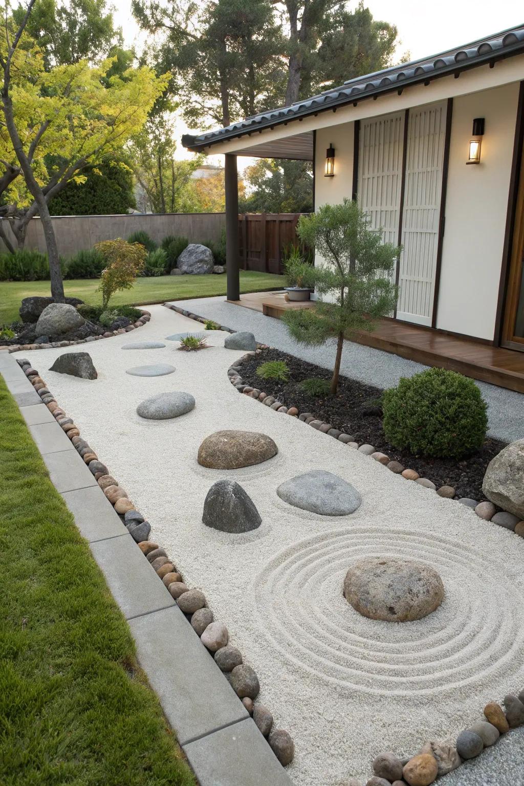A minimalist Zen garden offers tranquility and simplicity in this front yard.