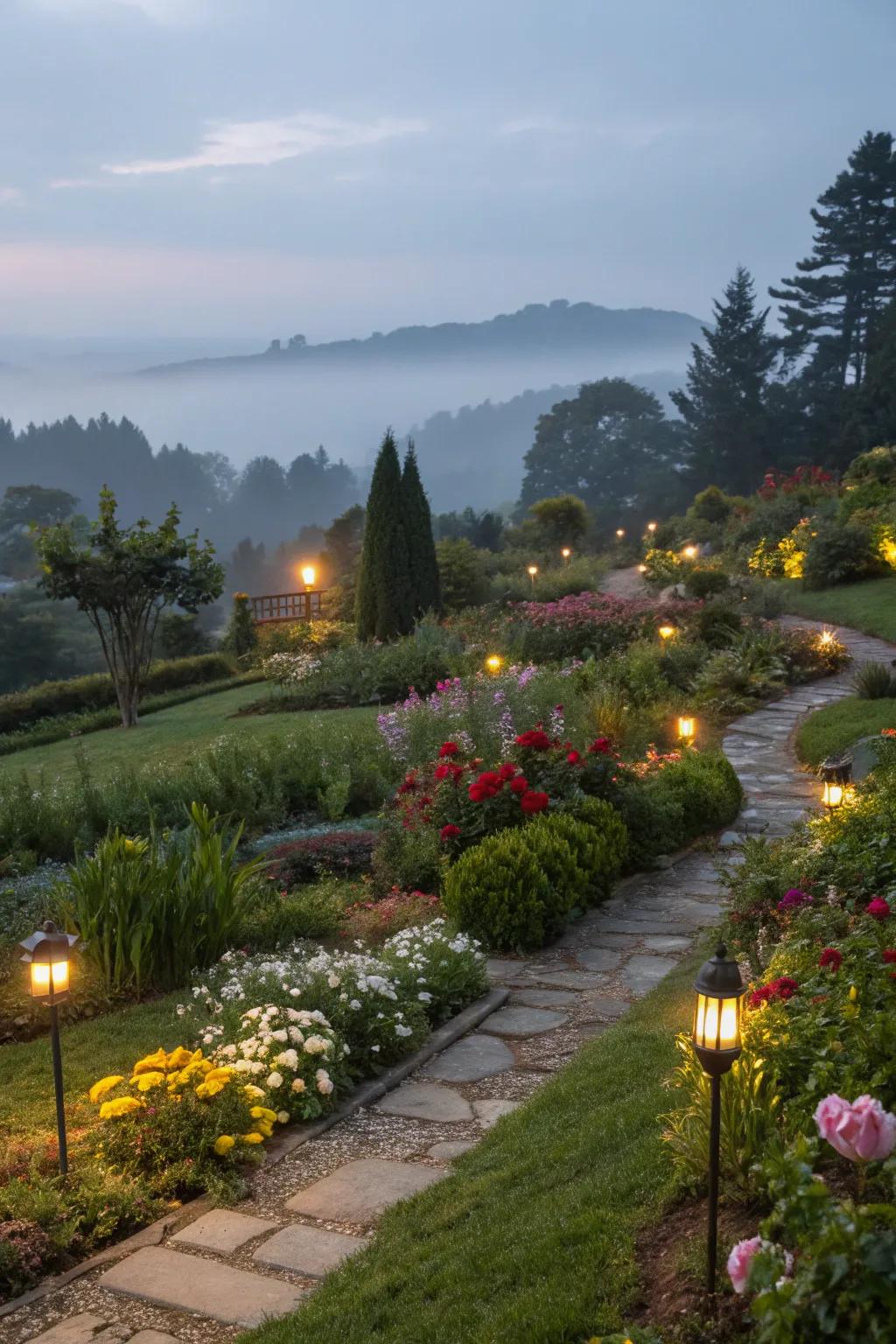 Garden lighting creates ambiance and diverts attention from the fence.