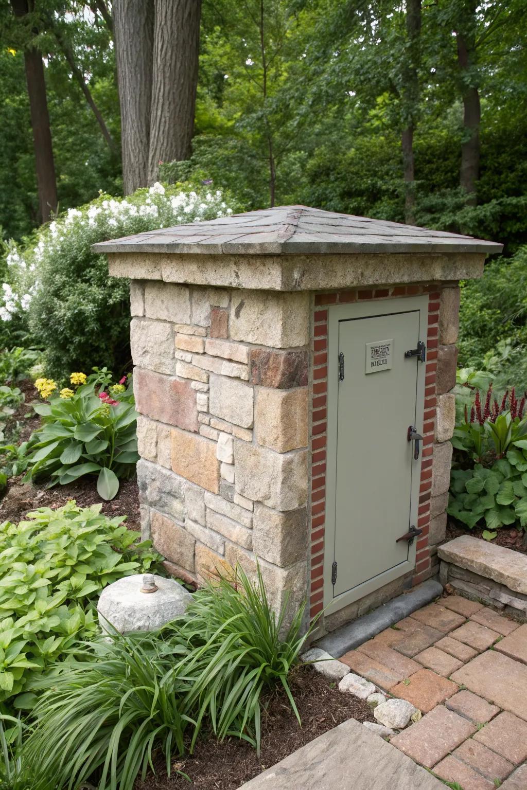 Stone or brick enclosures offer a durable and elegant hideaway for utility boxes.