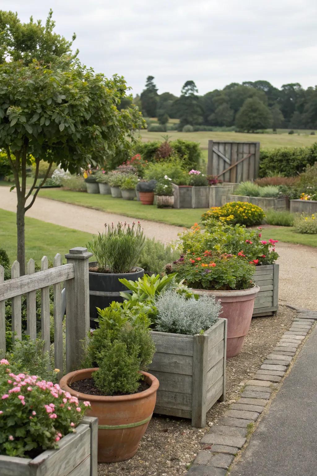 Versatile container gardens creating flexible yard boundaries.