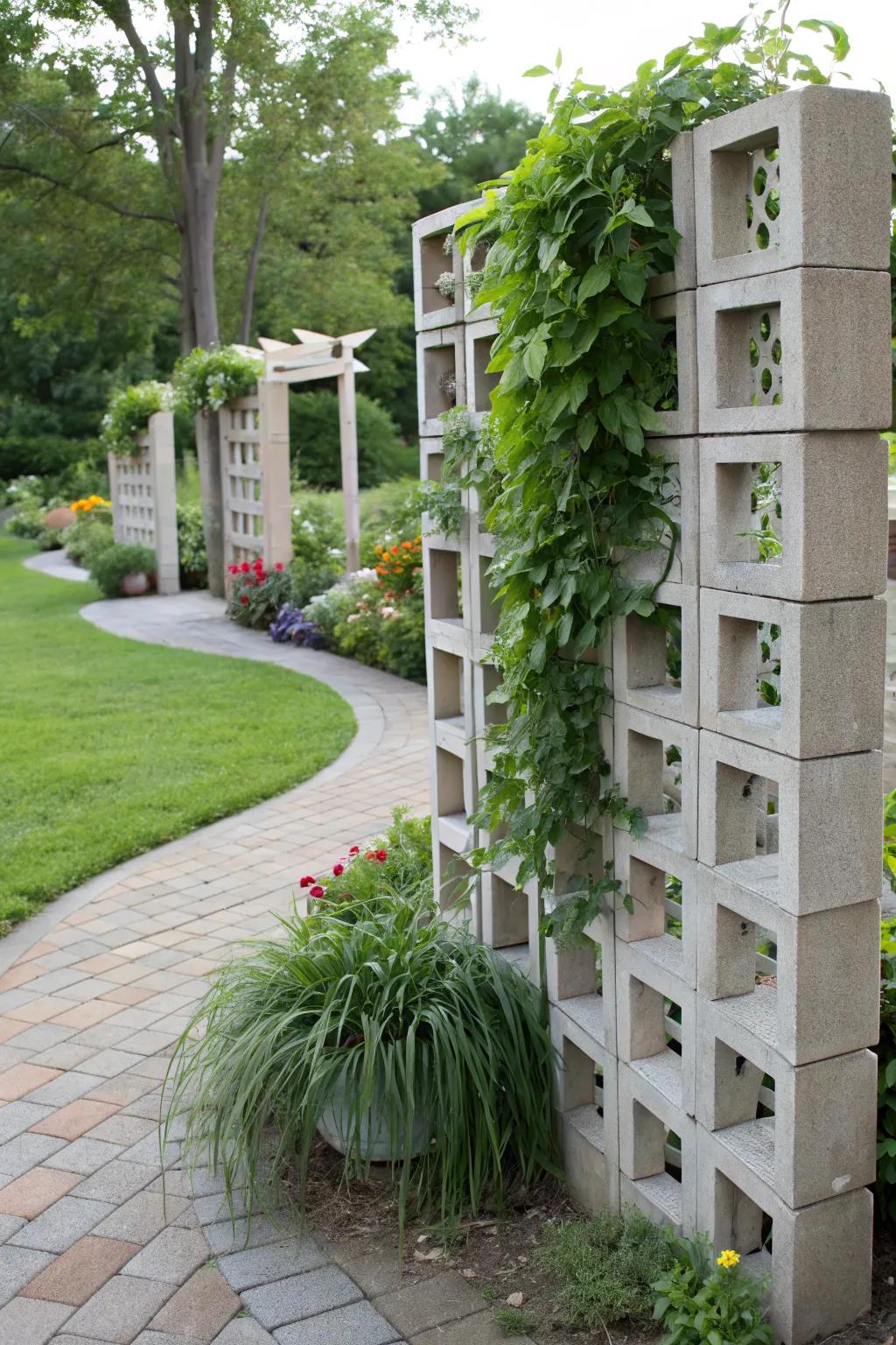 A stylish privacy screen using cinder blocks.
