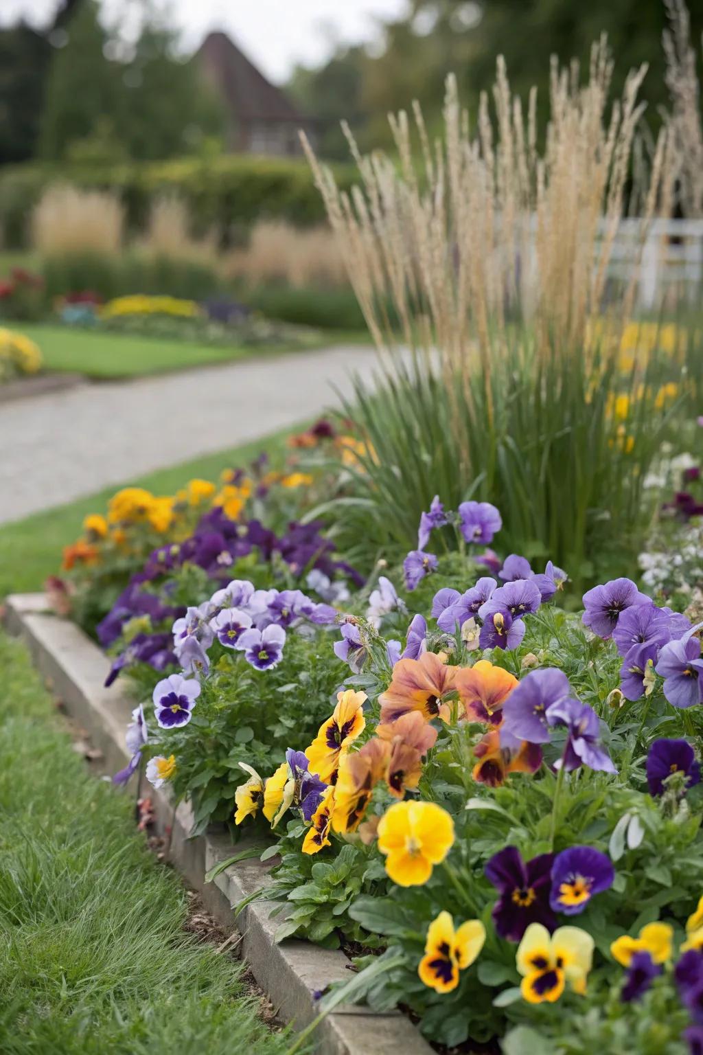 A tiered garden bed with pansies and taller plants.