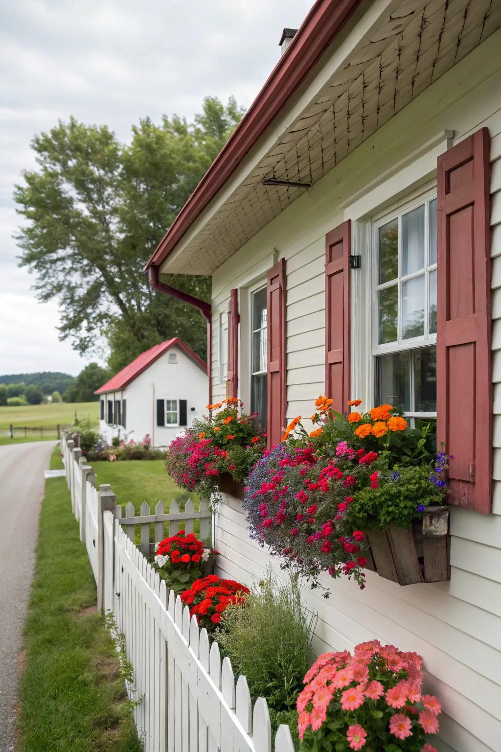 Colorful window boxes providing an eye-catching display on a ranch-style house.