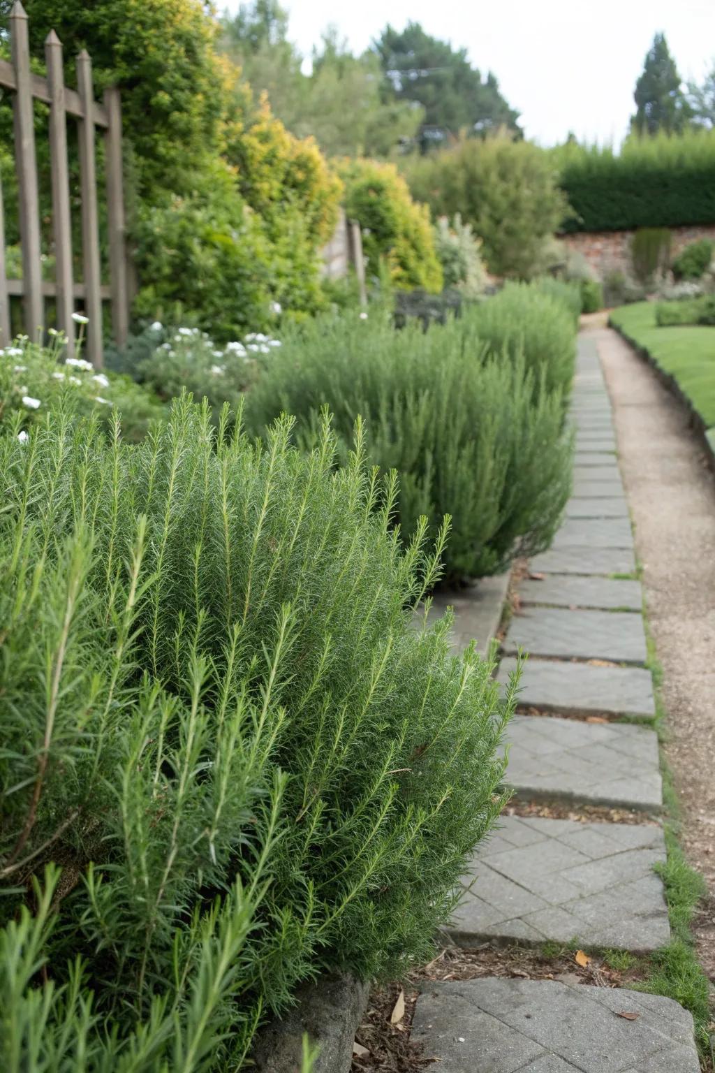 A fragrant rosemary hedge providing privacy in a garden.