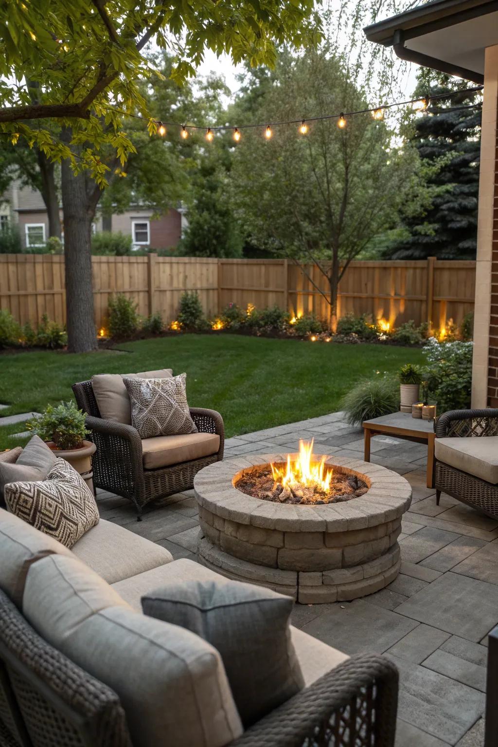 A fire pit creates a focal point, offering ambiance and charm to the outdoor space.