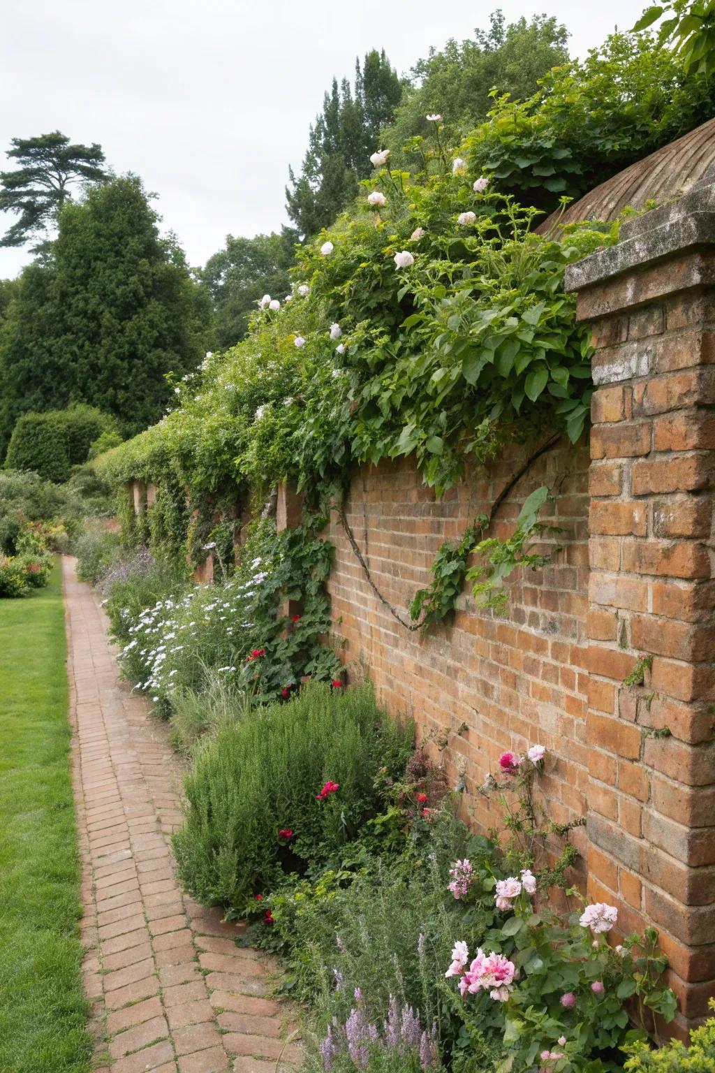 Define spaces with brick pony walls that support climbing plants.