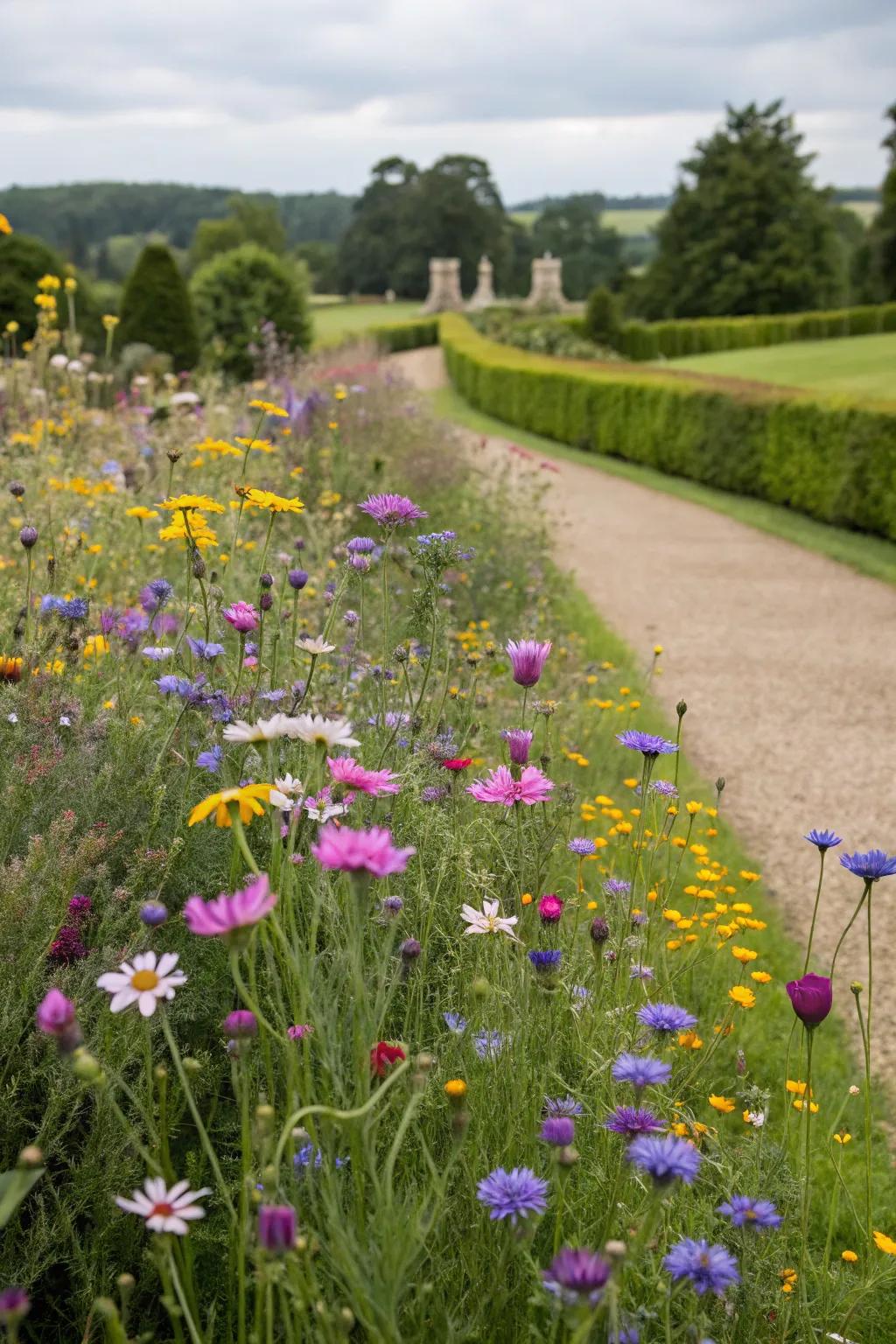 A whimsical wildflower meadow adds natural beauty.