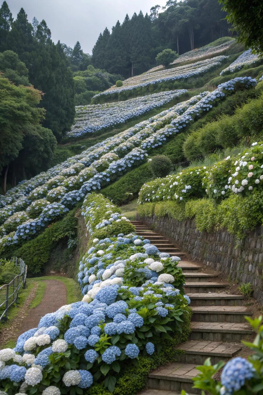 Terraced hydrangeas create a stunning cascading effect.