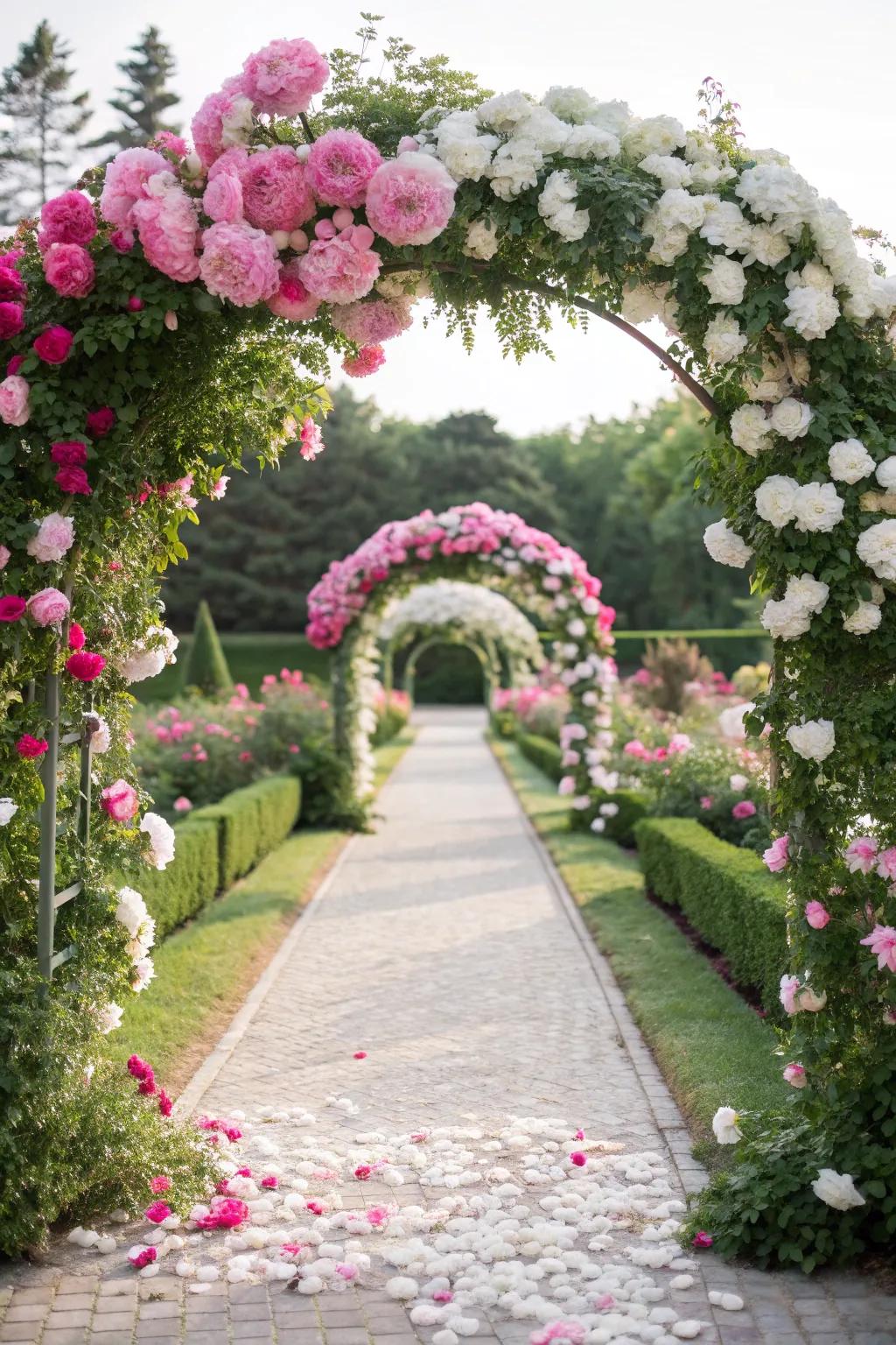 A whimsical peony archway offering a magical garden entrance.