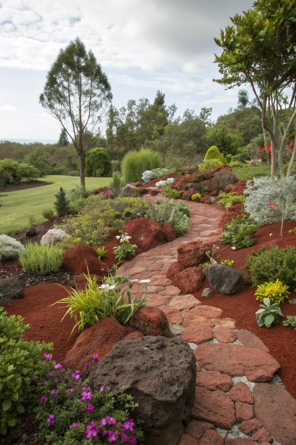 Red lava rocks offer a sustainable and low-maintenance landscape option.