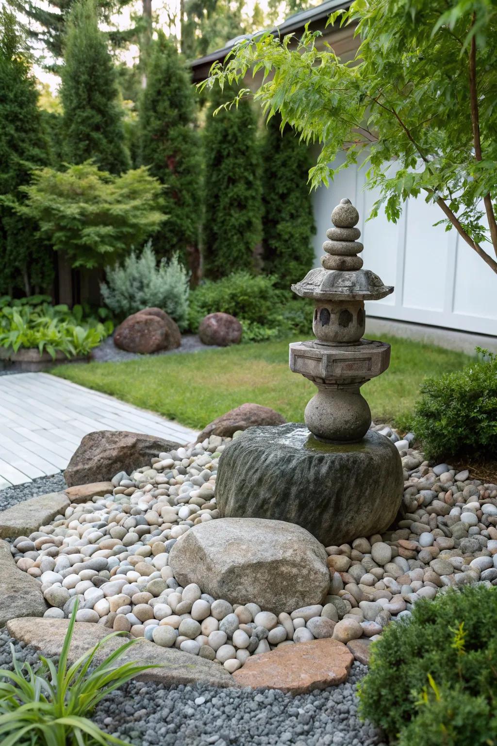 Small rocks can elegantly frame and enhance garden sculptures.