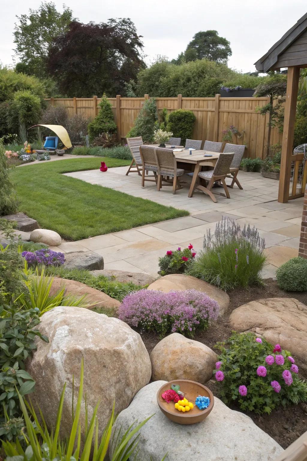 Boulders help organize garden spaces beautifully.