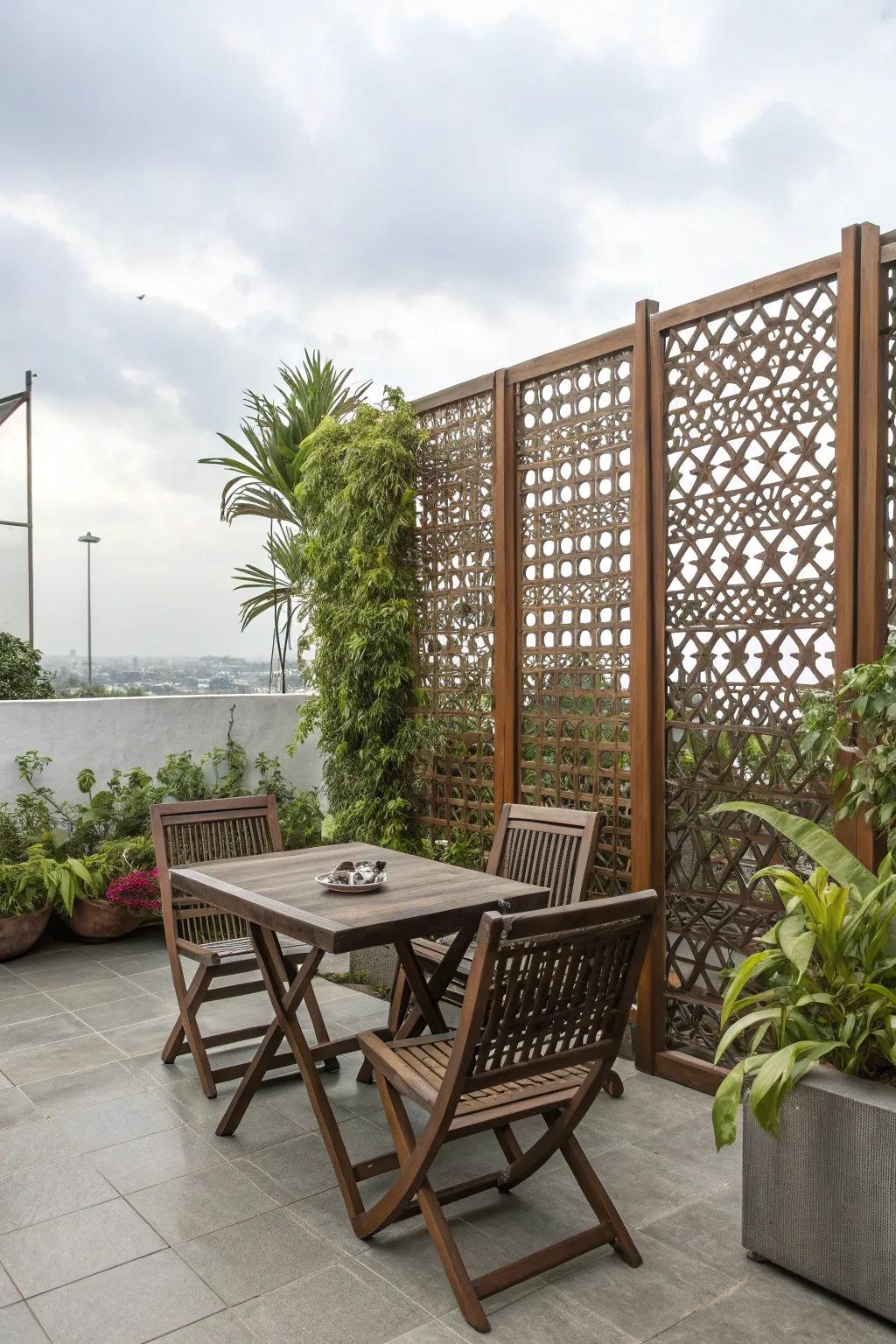 Decorative screens provide stylish privacy and space definition.