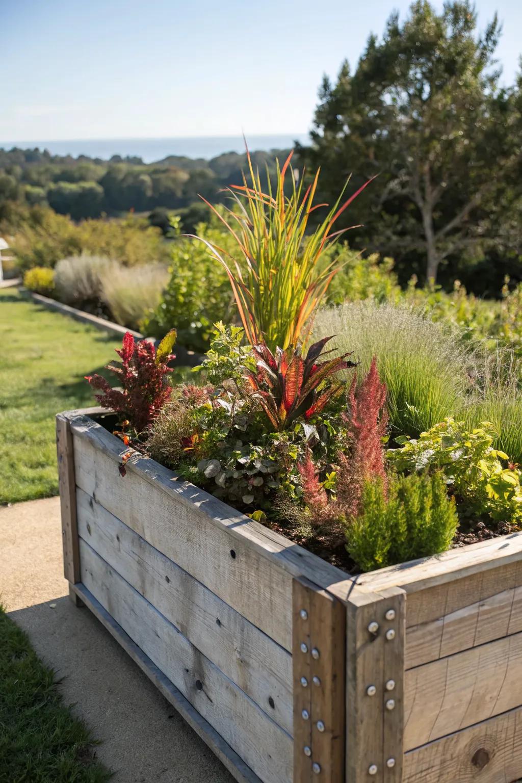Recycled planter boxes support sustainability and creativity.