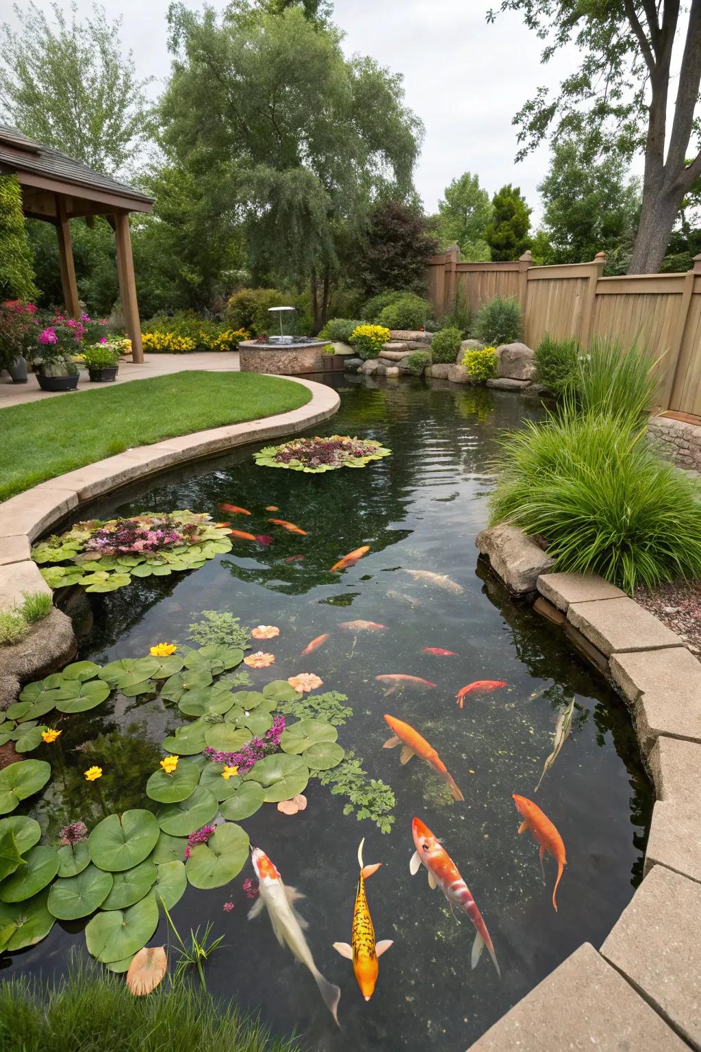 Koi fish add vibrant color and life to a large pond.