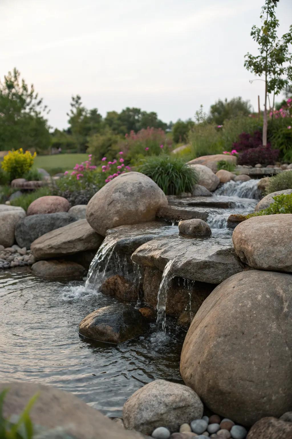 A calming garden water feature with river rocks.