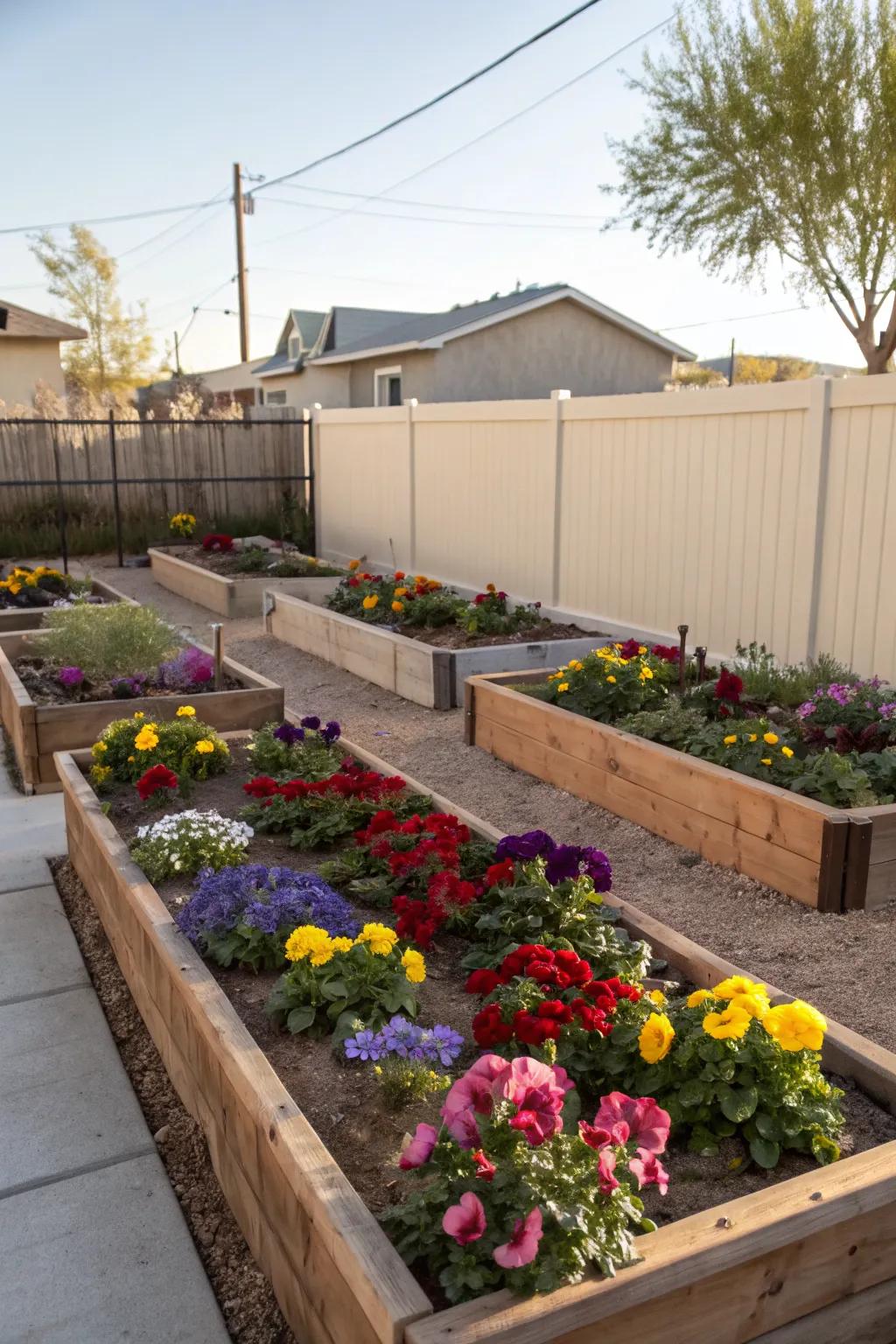 Raised planting beds add dimension and beauty.