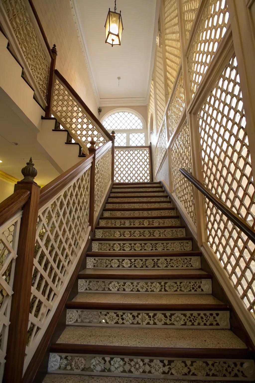 Lattice panels bring a fresh perspective to staircase designs.
