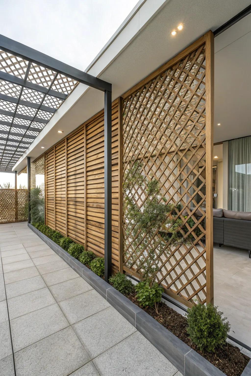 A modern patio featuring a stylish mix of lattice and wood elements.