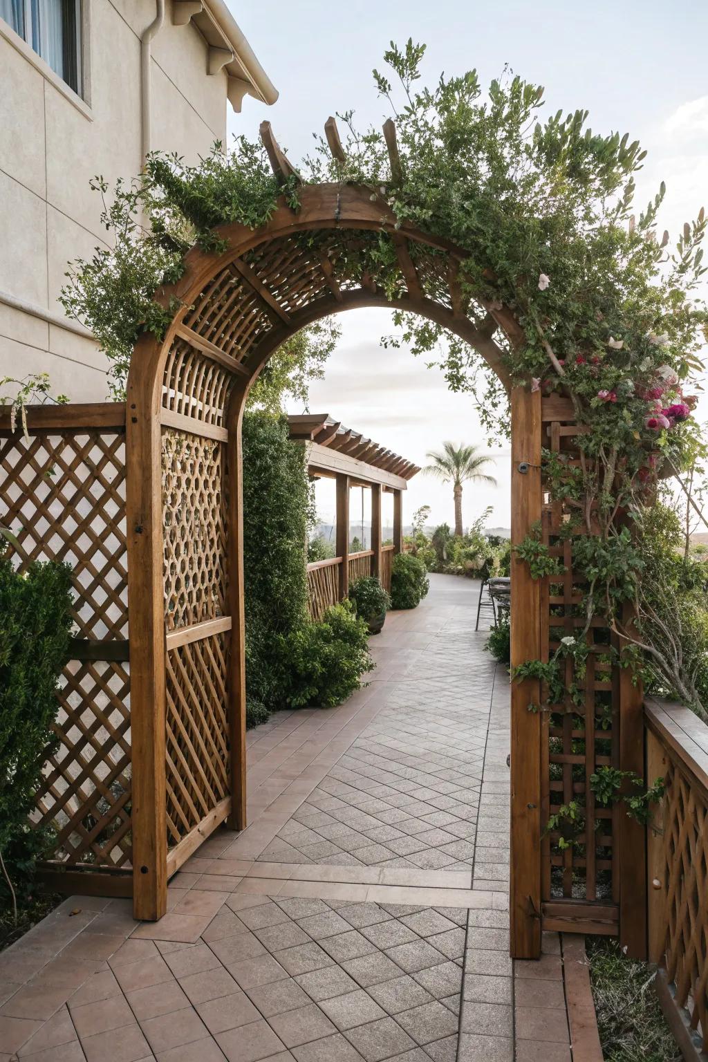 Lattice archways create welcoming entrances to outdoor spaces.