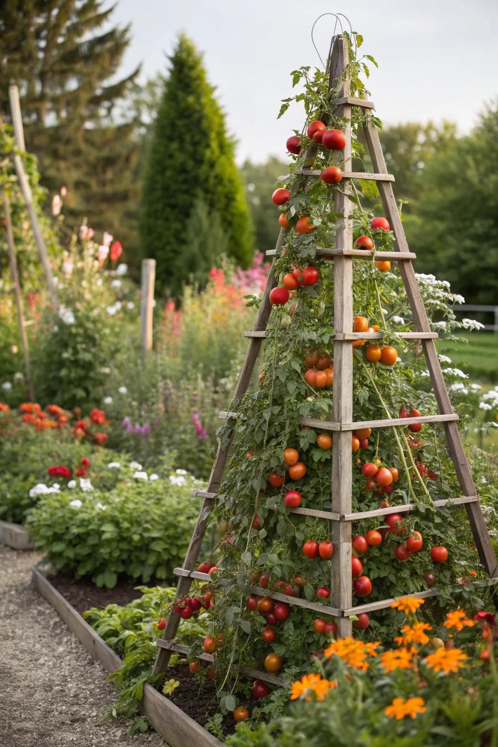 A pyramid-shaped trellis as a garden focal point.