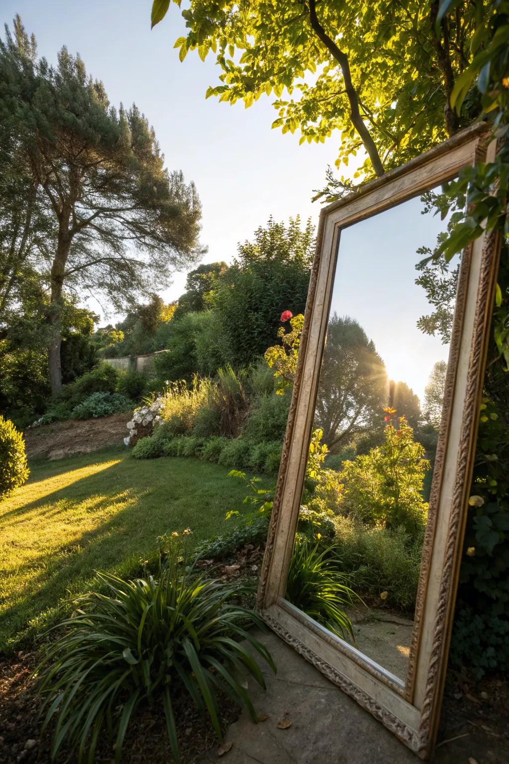Expand your garden's space with reflective mirrors.