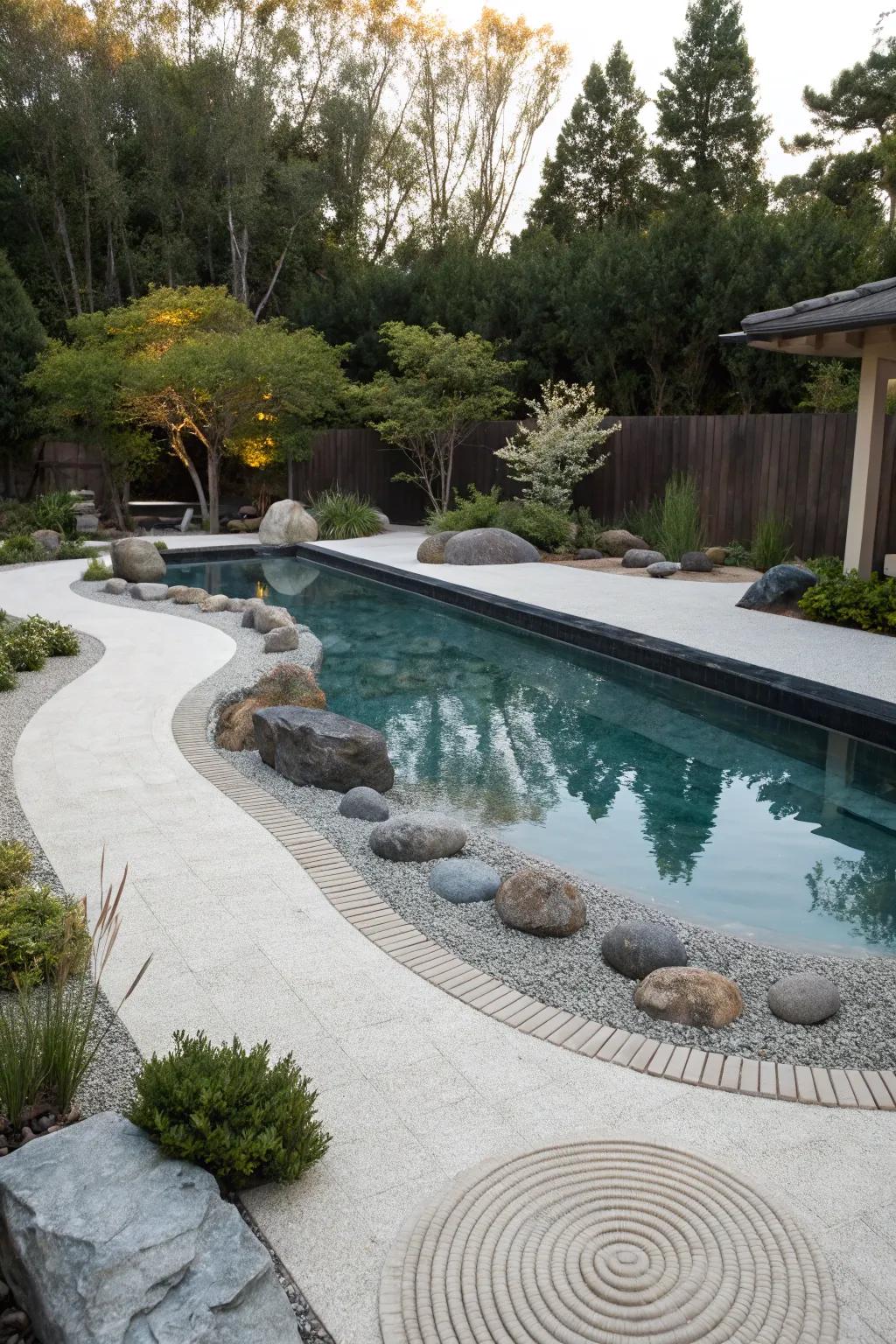 A lazy river pool accompanied by a serene Zen garden, offering a peaceful and tranquil retreat.