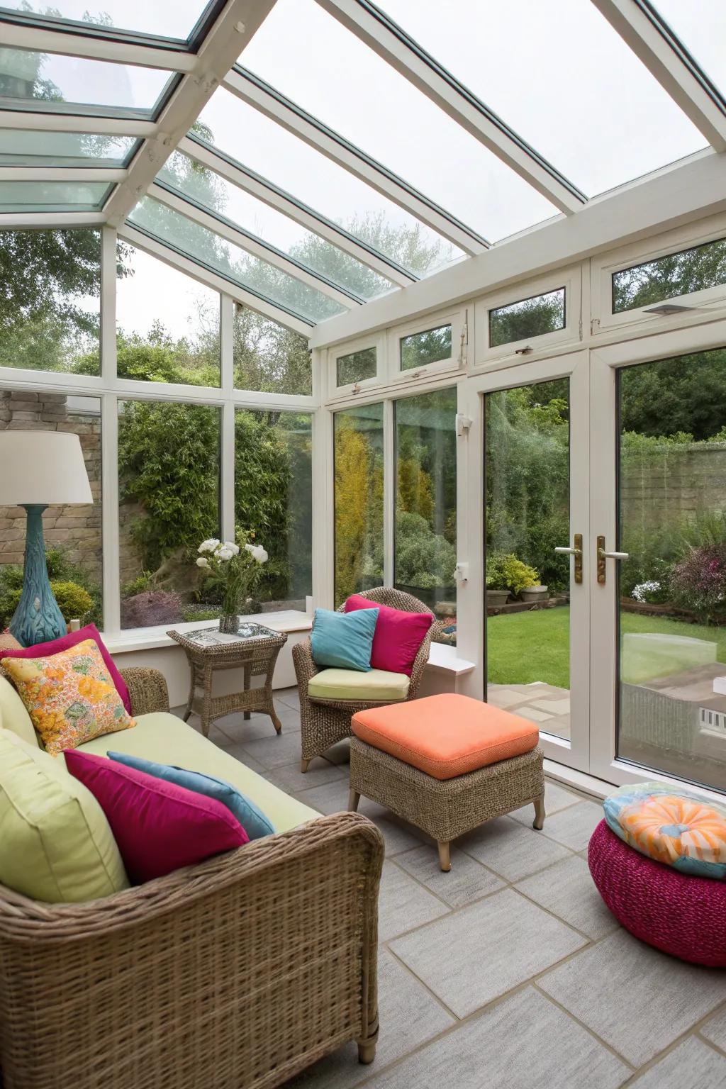 Colorful interiors bring life to this lean-to conservatory.